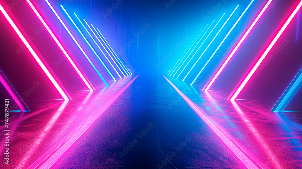 Fototapeta premium Futuristic neon lights in corridor perspective, vibrant abstract tunnel, sci-fi wallpaper.