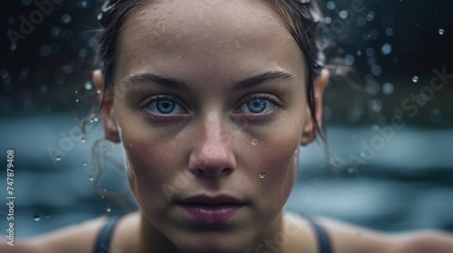 female swimmer, beautiful young woman's face and pretty eyes.Generative AI