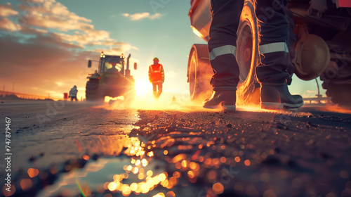 Construction workers and steamroller at sunset, roadworkers laying new asphalt. Shallow field of view. photo
