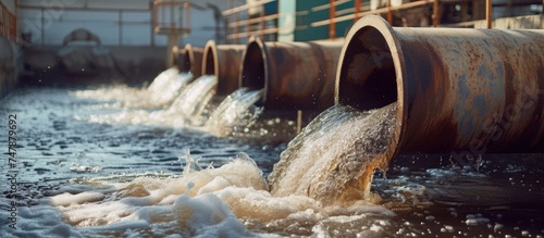 Several steel pipes are submerged in the water, used to drain pulp for separating it and recycling water in a closed cycle during a technological process.