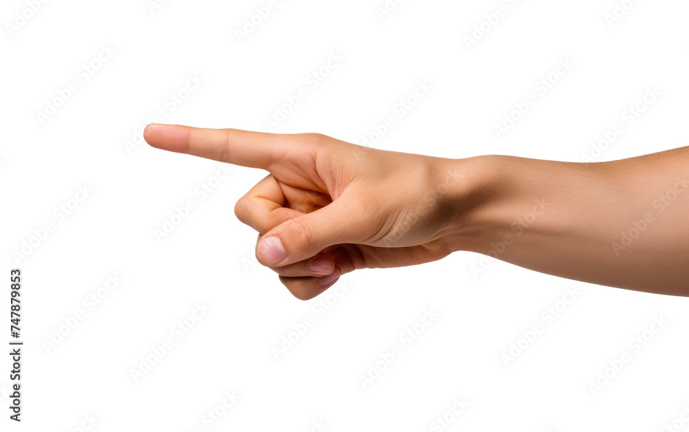 A hand of a person is extended, pointing towards an unspecified object against a plain white background. The finger is directed firmly, indicating attention or focus towards the target. A hand of a person is extended, pointing towards an unspecified object against a plain white background. The finger is directed firmly, indicating attention or focus towards the target.