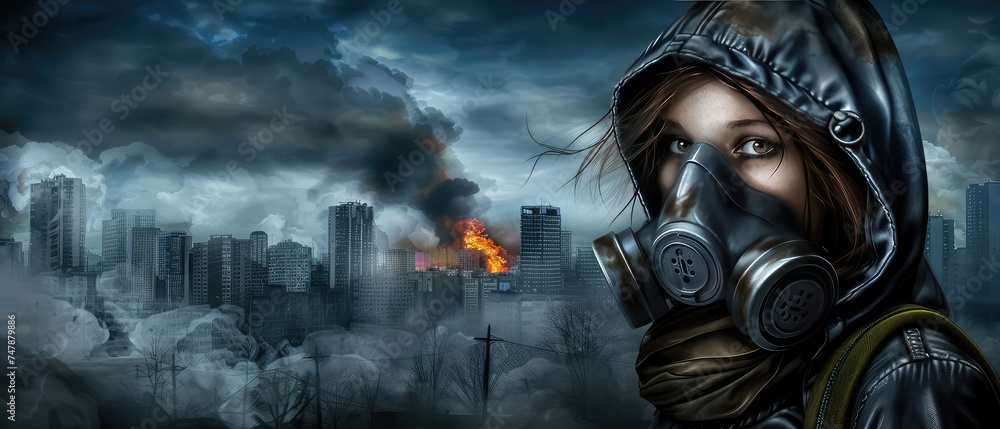 Portrait of a girl in a gas mask in a big city where there is a fire everywhere. A woman in a gas mask against the background of smoke and fire. Portrait of a girl in a gas mask in a big city where there is a fire everywhere. A woman in a gas mask against the background of smoke and fire.