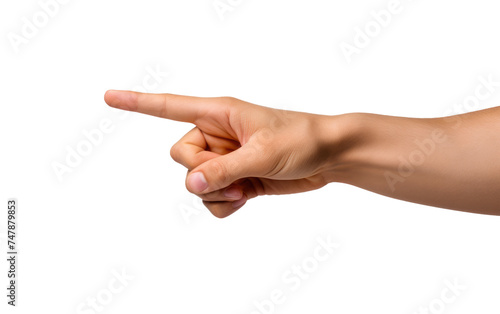 A hand of a person is extended, pointing towards an unspecified object against a plain white background. The finger is directed firmly, indicating attention or focus towards the target.
