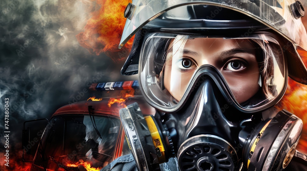 Portrait of a girl in a gas mask against the background of a fire. Portrait of a girl in a gas mask against the background of a fire.