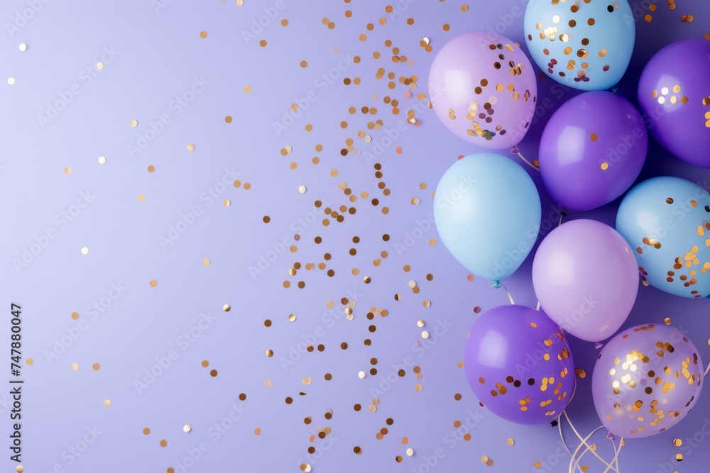 Balloons with confetti. Background template design with helium balloons for Party for Birthday and anniversary celebration, carnival. weddings and valentine's day and international women's day Balloons with confetti. Background template design with helium balloons for Party for Birthday and anniversary celebration, carnival. weddings and valentine's day and international women's day
