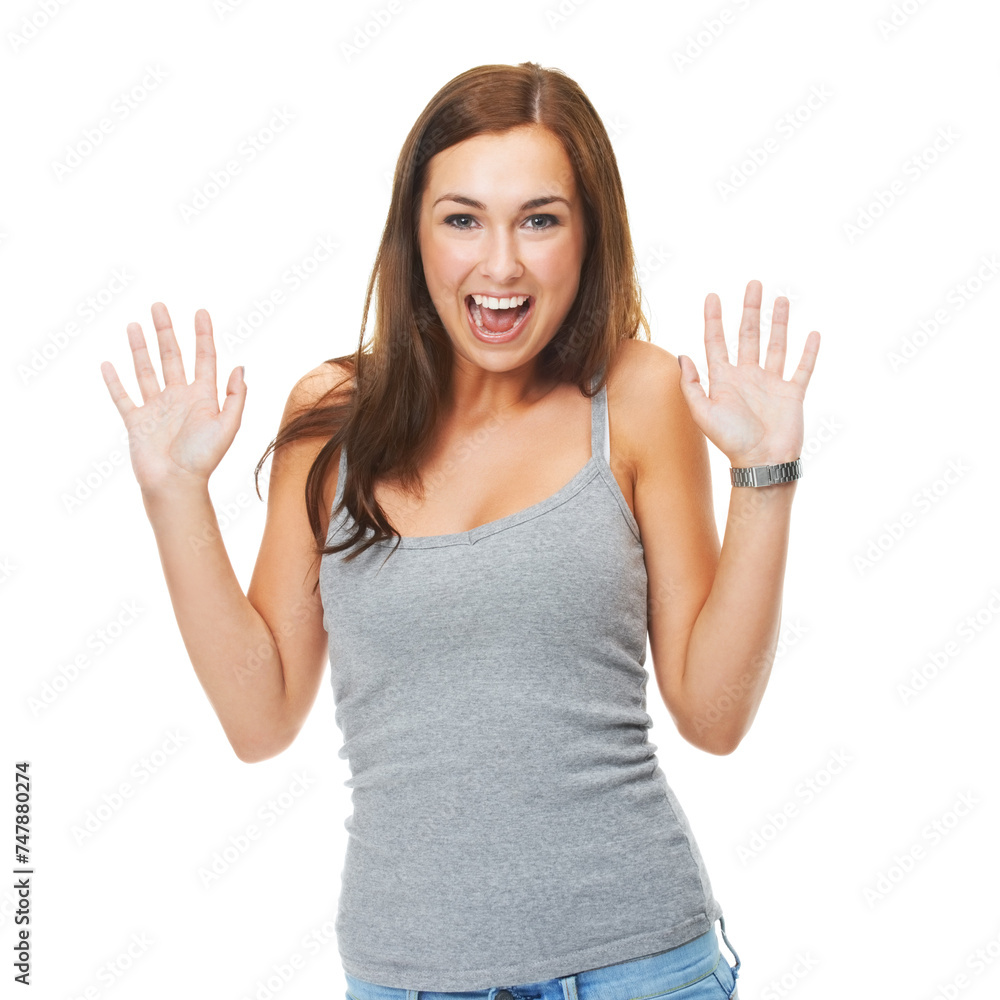 Smile, portrait and woman in studio with excited surprise for news, announcement or competition winner. Person, celebration and face with happiness for bonus, discount or giveaway on white background Smile, portrait and woman in studio with excited surprise for news, announcement or competition winner. Person, celebration and face with happiness for bonus, discount or giveaway on white background