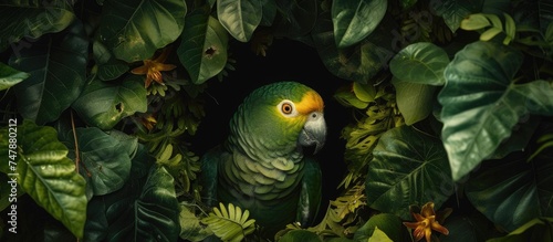 A vibrant green parrot, identified as the Yellow-billed Amazon Parrot Amazona collaria, is perched in the midst of lush green leaves, showcasing its lively and attractive features.