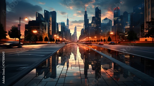 Buildings and road at dawn in the city center. Urban environment.