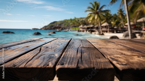 Empty wooden table on tropical beach background. Rest theme.