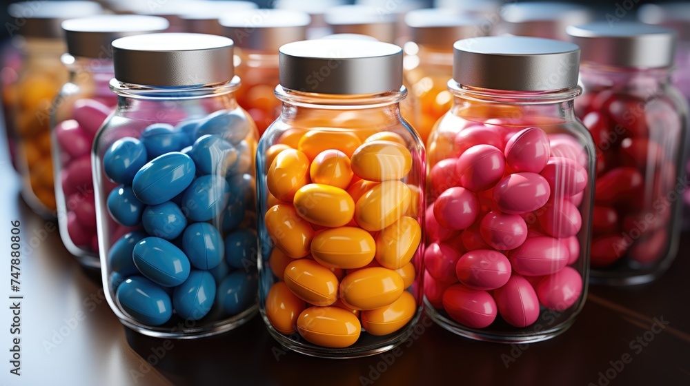 There are multi-colored pills in closed glass bottles on the table. Theme of medicine, treatment of various diseases and healthy lifestyle. There are multi-colored pills in closed glass bottles on the table. Theme of medicine, treatment of various diseases and healthy lifestyle.