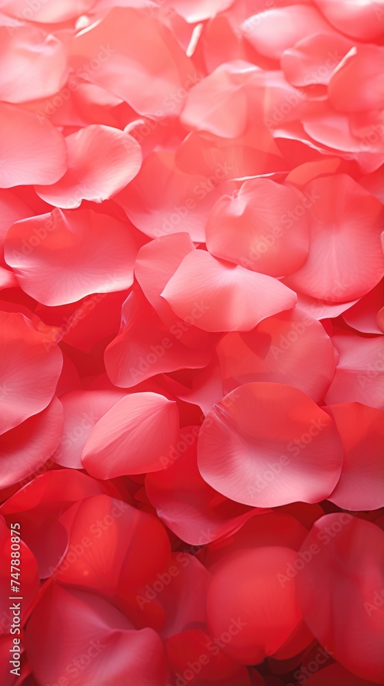 Close-up of bright red rose petals scattered across a surface.