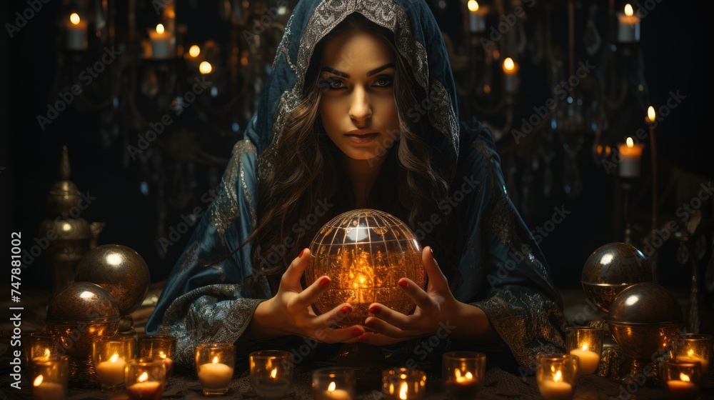 A young beautiful charming fortune teller girl holds a magic ball with predictions in her hands. Theme of mysticism and witchcraft. A young beautiful charming fortune teller girl holds a magic ball with predictions in her hands. Theme of mysticism and witchcraft.