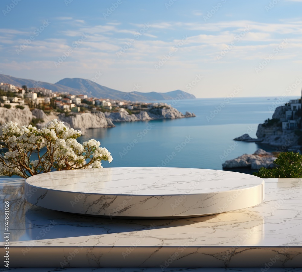 Obraz premium Round stand for displaying goods made of white stone. Against the background of the blue sea and rocks.