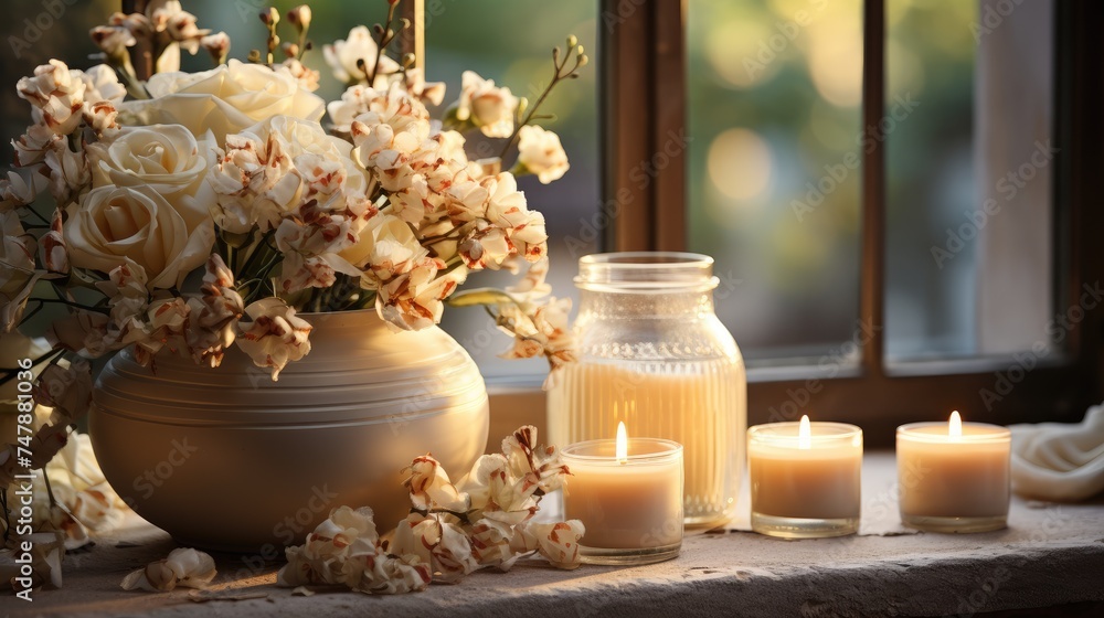 White burning candles on the windowsill next to a bouquet of fresh flowers. Romantic and calm atmosphere. White burning candles on the windowsill next to a bouquet of fresh flowers. Romantic and calm atmosphere.