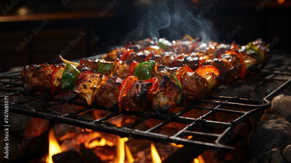 Delicious appetizing juicy meat with seasonings and spices is fried on a thick iron grate. Fragrant smoke and crispy crust. Delicious appetizing juicy meat with seasonings and spices is fried on a thick iron grate. Fragrant smoke and crispy crust.