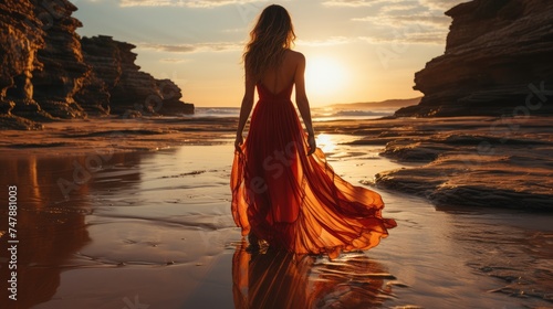 Woman in Red Dress Walking on Beach