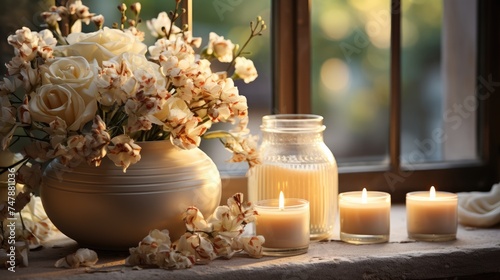 White burning candles on the windowsill next to a bouquet of fresh flowers. Romantic and calm atmosphere.