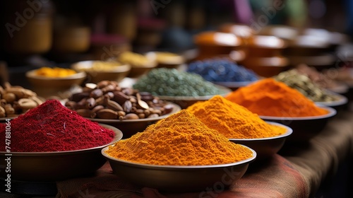 Fragrant bright multi-colored spices of Asian cuisine lie on a wooden table. Theme of aromatic seasonings from around the world.