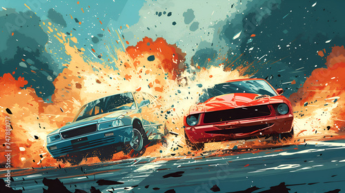 Car accident concept illustration with two cars crashing together. generative ai © Malaika