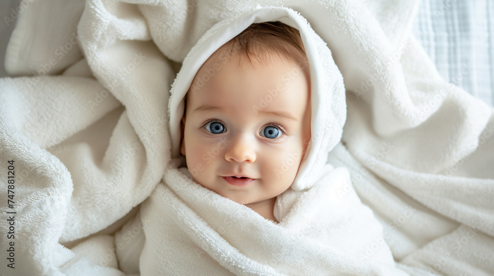 Closeup of a newborn baby smiling and wrapped in a white towel staring with blue eyes and lying on a bed. Closeup of a newborn baby smiling and wrapped in a white towel staring with blue eyes and lying on a bed.