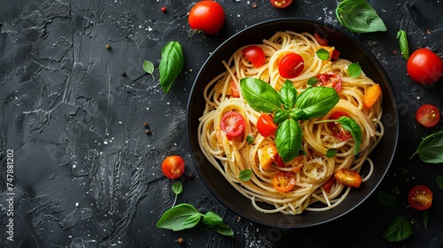 Delicious fusilli pasta with tomato sauce and fresh basil in black bowl
