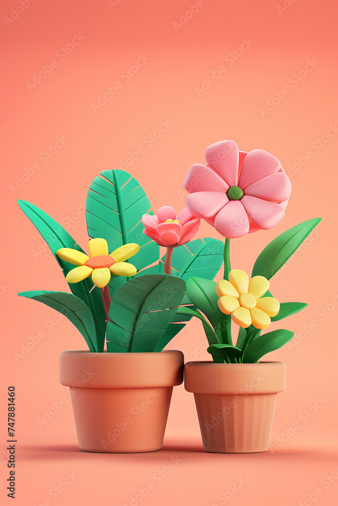 3d rendering illustration of cute potted plants, gardening home concept illustration