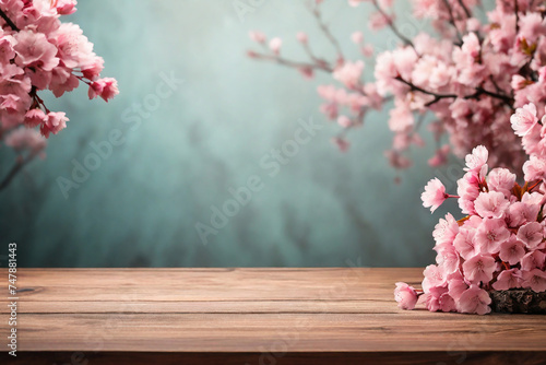 Wooden table with cherry blossom branch on blue background, space for text