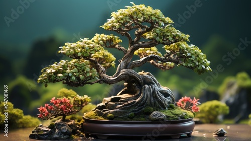 A small beautiful bonsai tree in a beautiful ceramic pot. Theme of relaxation and tranquility.