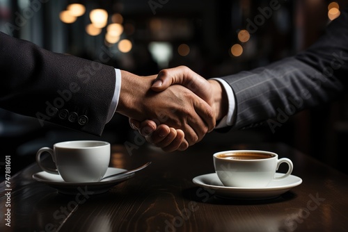 Two men in business suits shake hands. Cups of coffee on a wooden table. photo