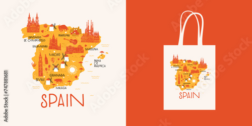 Decorative map of Spain with architectural landmarks. Popular tourist sight of the country. Print for a shopper bags and other souvenirs. Vector illustration isolated.