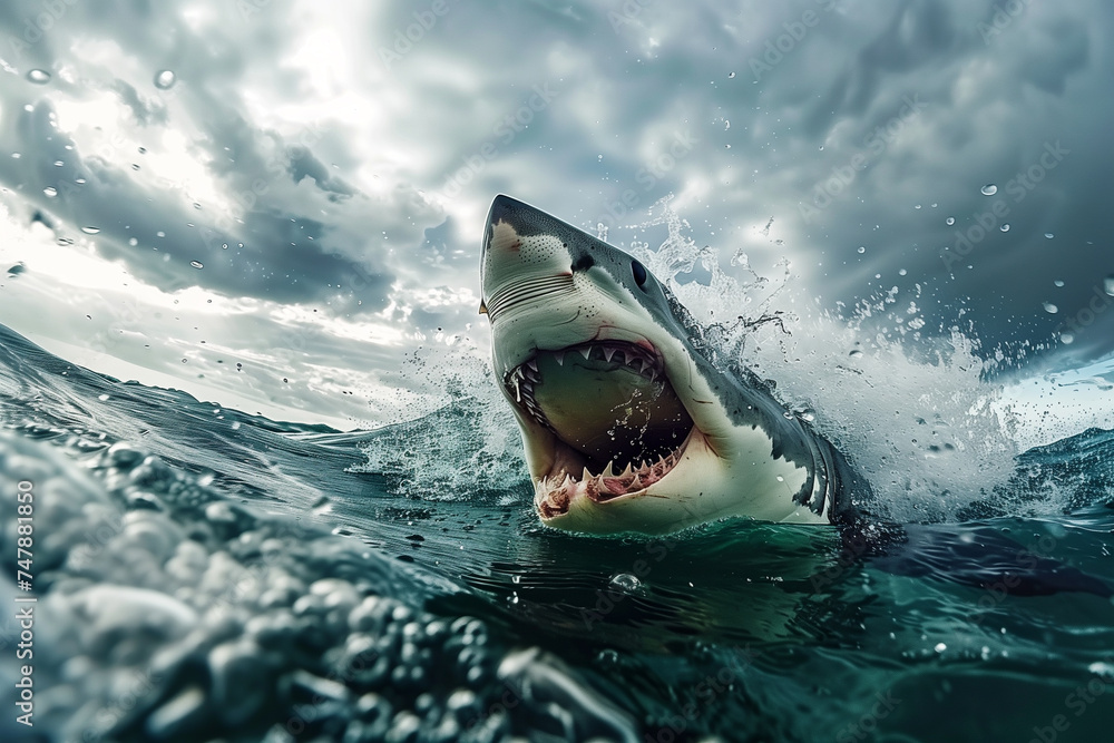 Fototapeta premium Great White Shark Breaching the Ocean Surface
