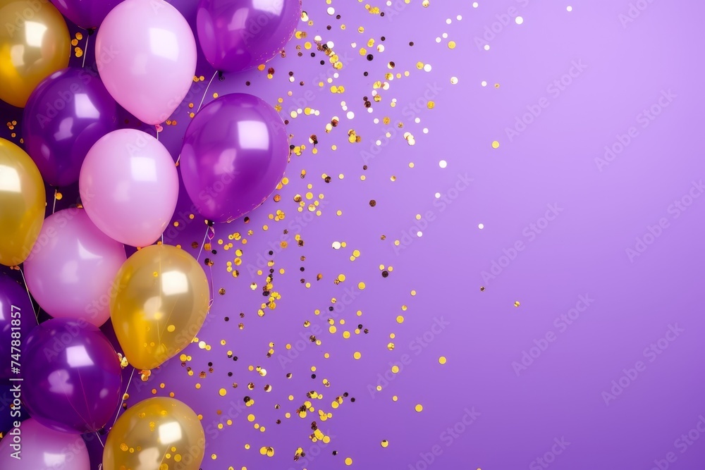 Balloons with confetti. Background template design with helium balloons for Party for Birthday and anniversary celebration, carnival. weddings and valentine's day and international women's day Balloons with confetti. Background template design with helium balloons for Party for Birthday and anniversary celebration, carnival. weddings and valentine's day and international women's day