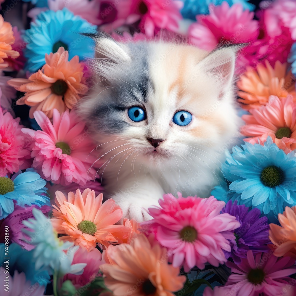Fototapeta Blue-eyed Kitten Surrounded by Flowers