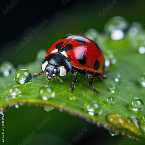 A bright red ladybug crawls on a green leaf. Close-up of an insect.