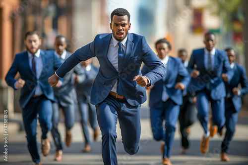 businesspeople in suits racing to the finish line, business competition metaphor concept