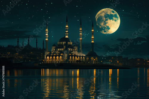 mosque with moon and stars. ramadan kareem background. islamic night.