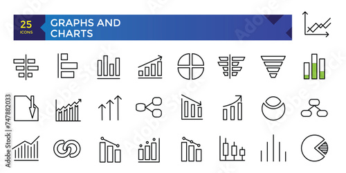 Charts and graphs related vector icons for your design. Graphics and statistics icons set. Collection of simple linear web icons, line charts