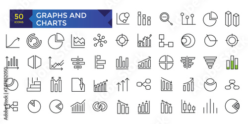 Charts and graphs related vector icons for your design. Graphics and statistics icons set. Collection of simple linear web icons, line charts