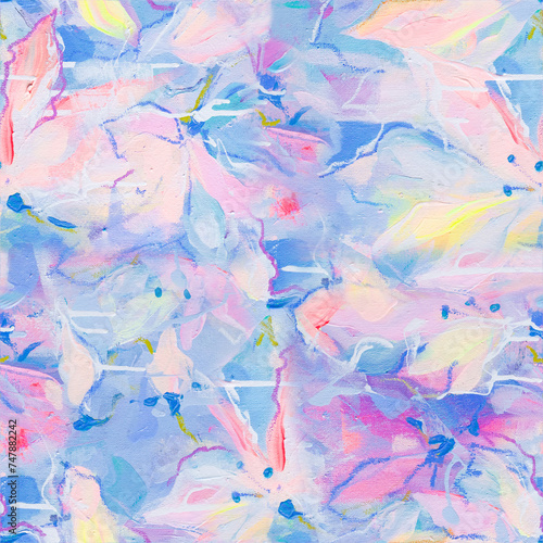 Seamless pattern of flowers with pink blue and orange background. Pink flowers background. illustration of acrylic textured abstract art textile flower design