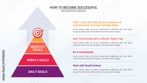 Pyramid Infographic How to Be Success with 4 Steps and Editable Text for Business Plans, Marketings, and Presentations.