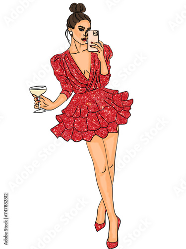 A girl holding glass with champaine. Fashionable women. Stylish sketch. Fashion illustration. Isolated in white backgroud. Perfect for greetings cards, invitation. photo