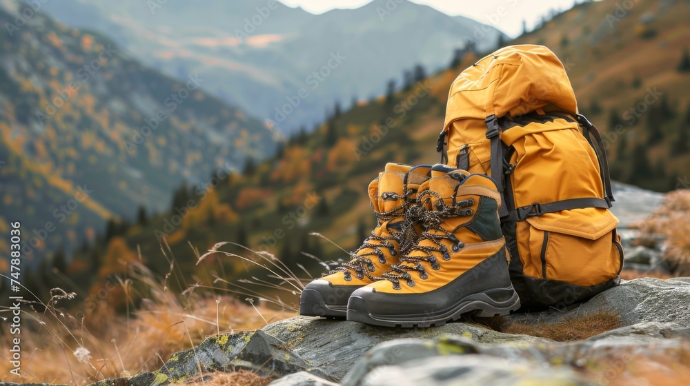 View from mountains outdoor - Hiking hiker traveler landscape adventure nature sport background panorama - Hiking shoes and hiking backpack on top of a high hill or rock