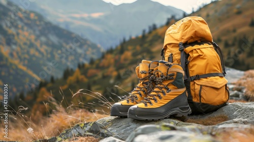 View from mountains outdoor - Hiking hiker traveler landscape adventure nature sport background panorama - Hiking shoes and hiking backpack on top of a high hill or rock © Corri Seizinger