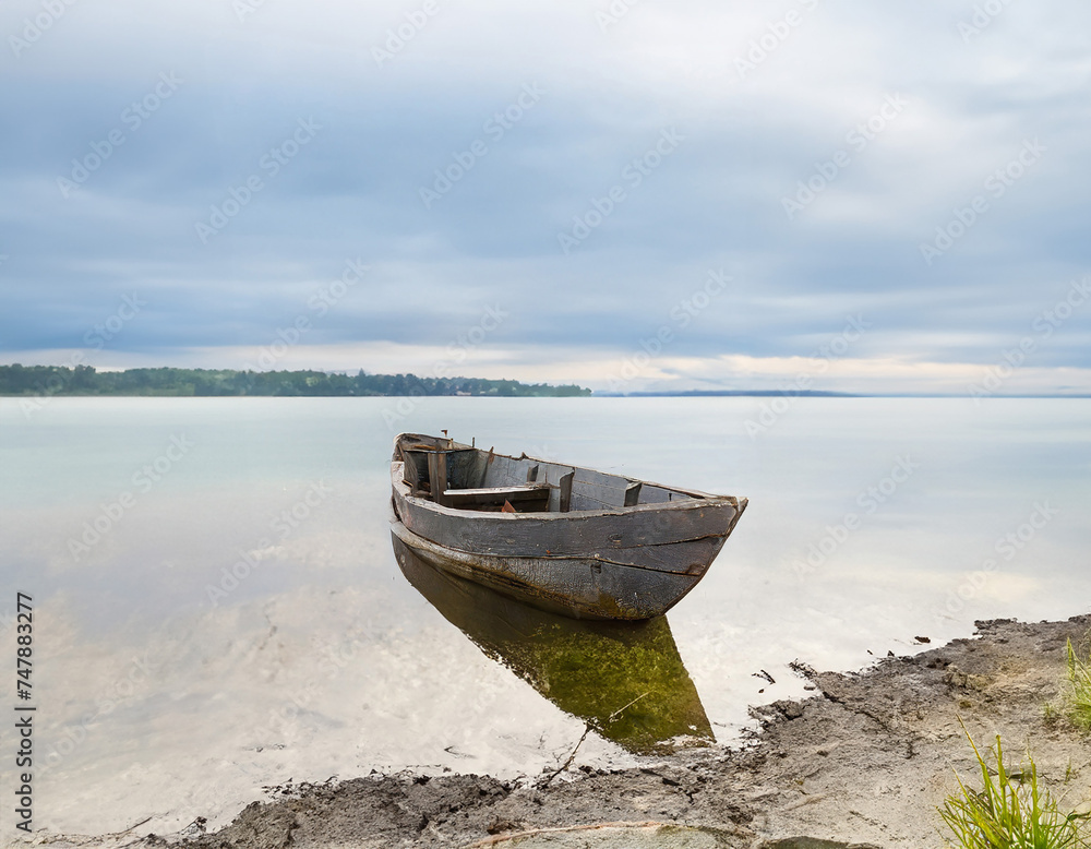 Old wooden fishing boat on the shore of a lake in a cloudy day Old wooden fishing boat on the shore of a lake in a cloudy day