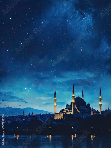 Ramadan Kareem background, Suleymaniye mosque in Istanbul, Turkey , copy space - generative ai photo