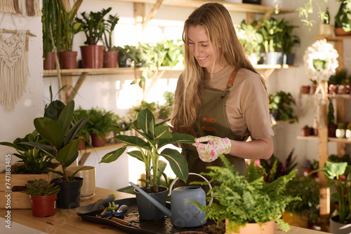 Medium portrait of happy Caucasian woman with long hair smiling while taking care of houseplants in her plant shop