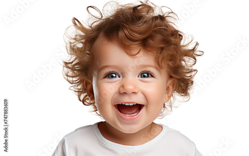 A young child with curly hair is smiling directly at the camera, exuding joy and happiness. The child bright eyes and genuine smile convey a sense of innocence and purity.