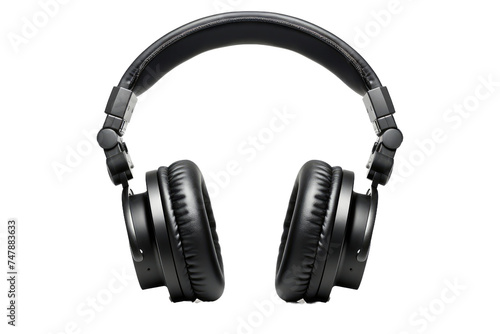 A pair of black headphones with cushioned ear cups placed on a plain white background. The headphones are wired and sleek in design, with visible brand markings.