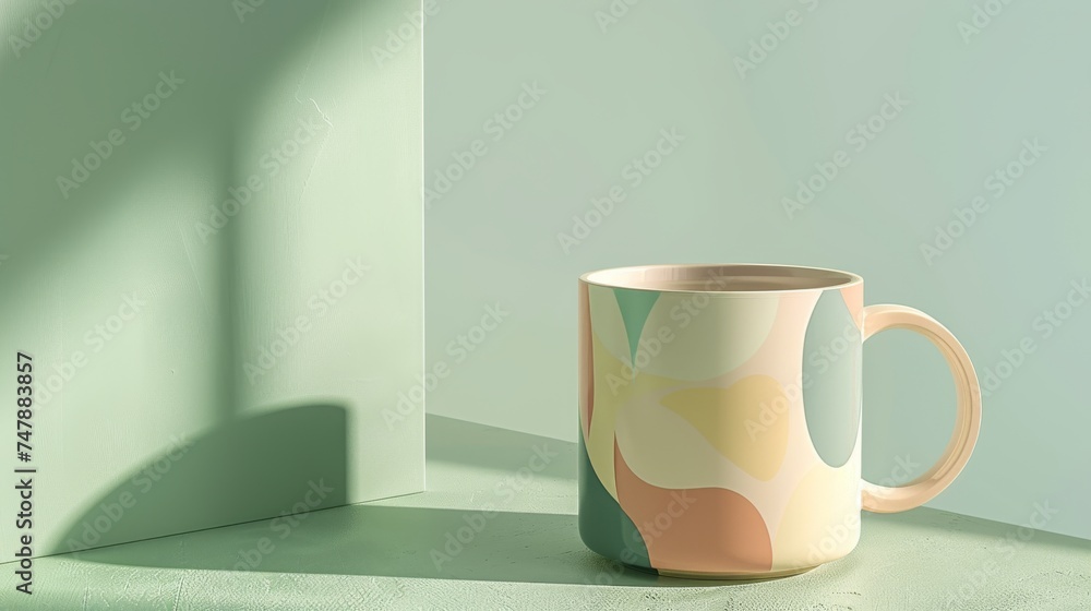 close-up of a coffee mug with a geometric design, on a green table close-up of a coffee mug with a geometric design, on a green table