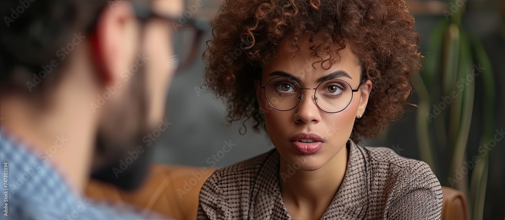 A confident young woman with glasses is impressing a male HR manager in a professional office setting. She is engaged in conversation, showcasing her communication skills and knowledge. A confident young woman with glasses is impressing a male HR manager in a professional office setting. She is engaged in conversation, showcasing her communication skills and knowledge.